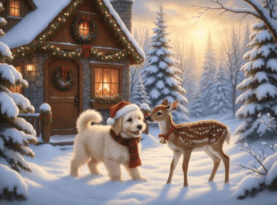 Ein animiertes Weihnachtsbild mit einem Hund und einem Reh