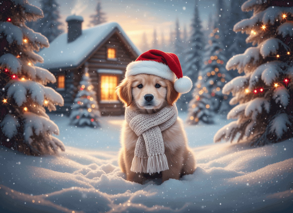 Ein niedlicher Hund mit Weihnachtsmütze und Schal sitzend im Schnee