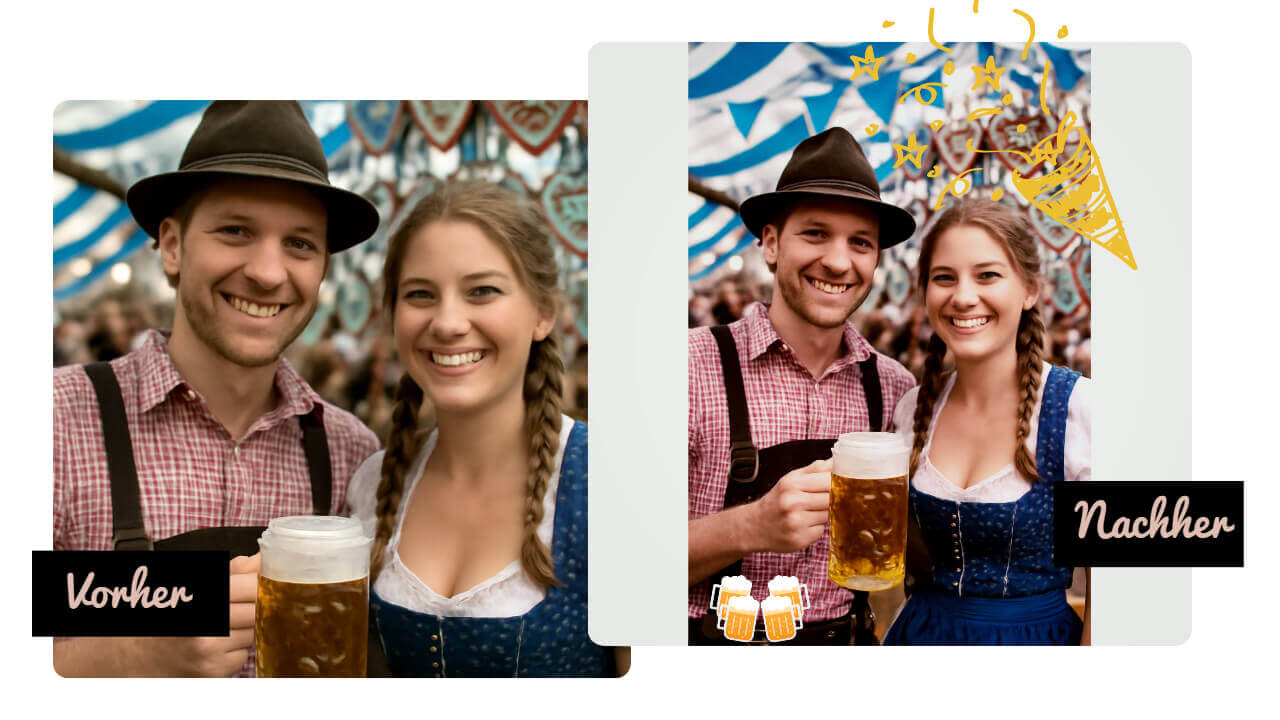 Vorher nachher Vergleich vom Bild mit festlischen Elementen im Oktoberfest
