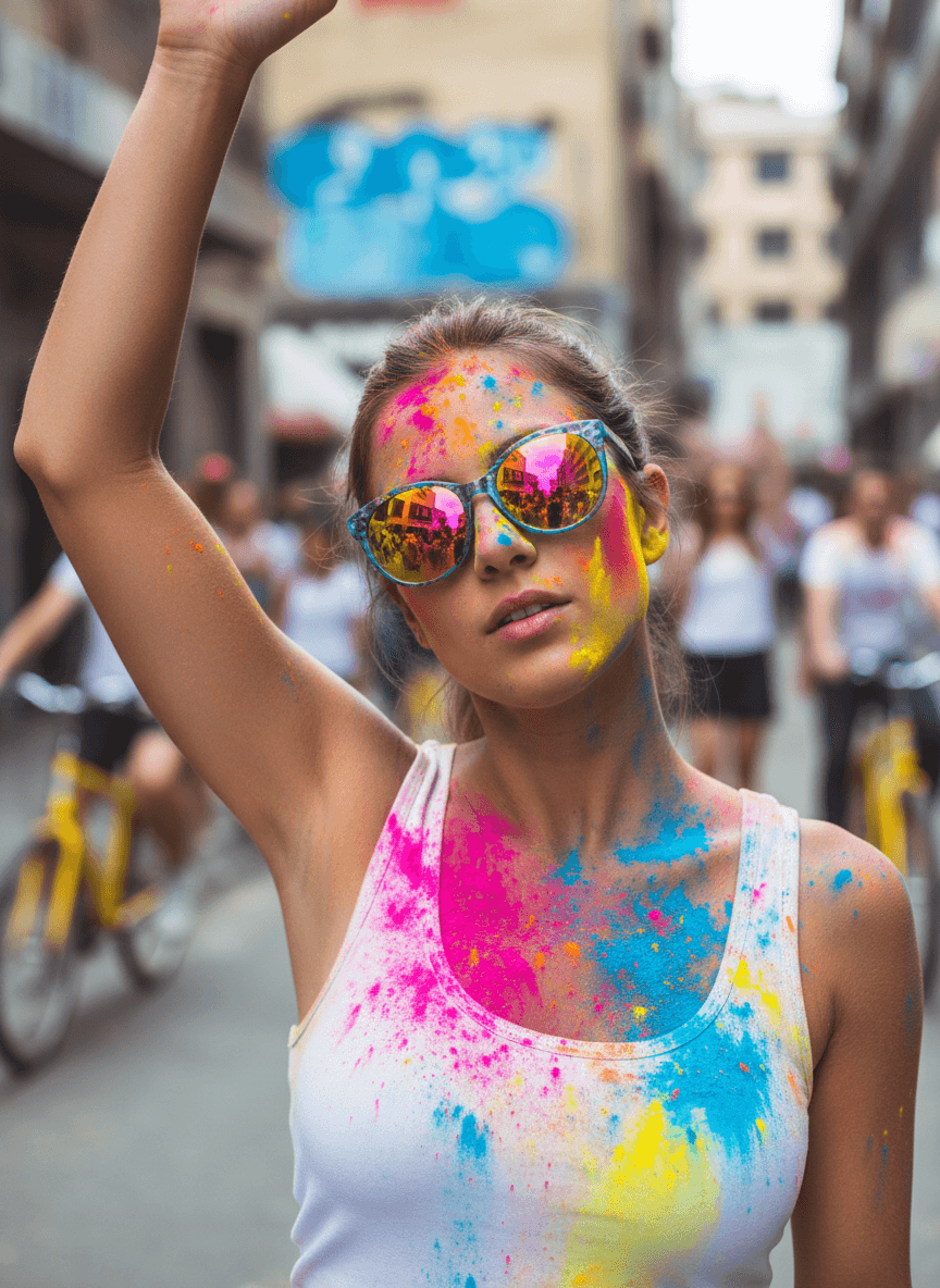 Fashionable Indian woman with sunglasses celebrating Holi generated with Fotor AI