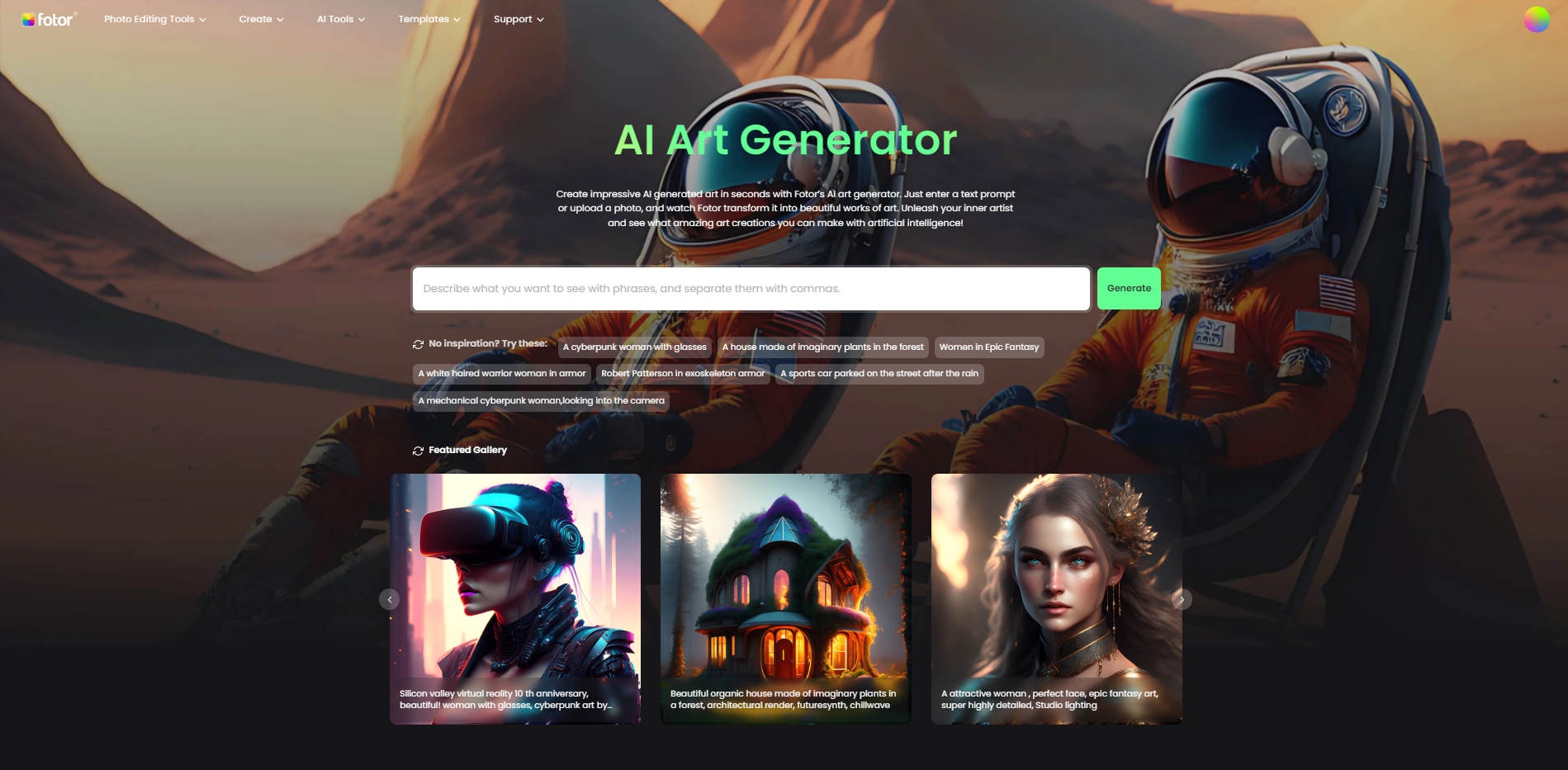 Fotor's ai art image generator homepage to create ai artwork with AI