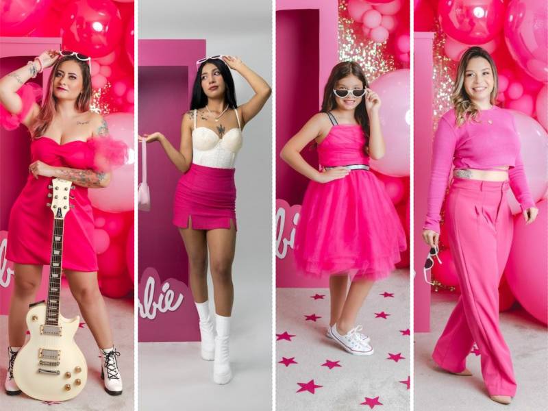 Four girls dressed as pink Barbies