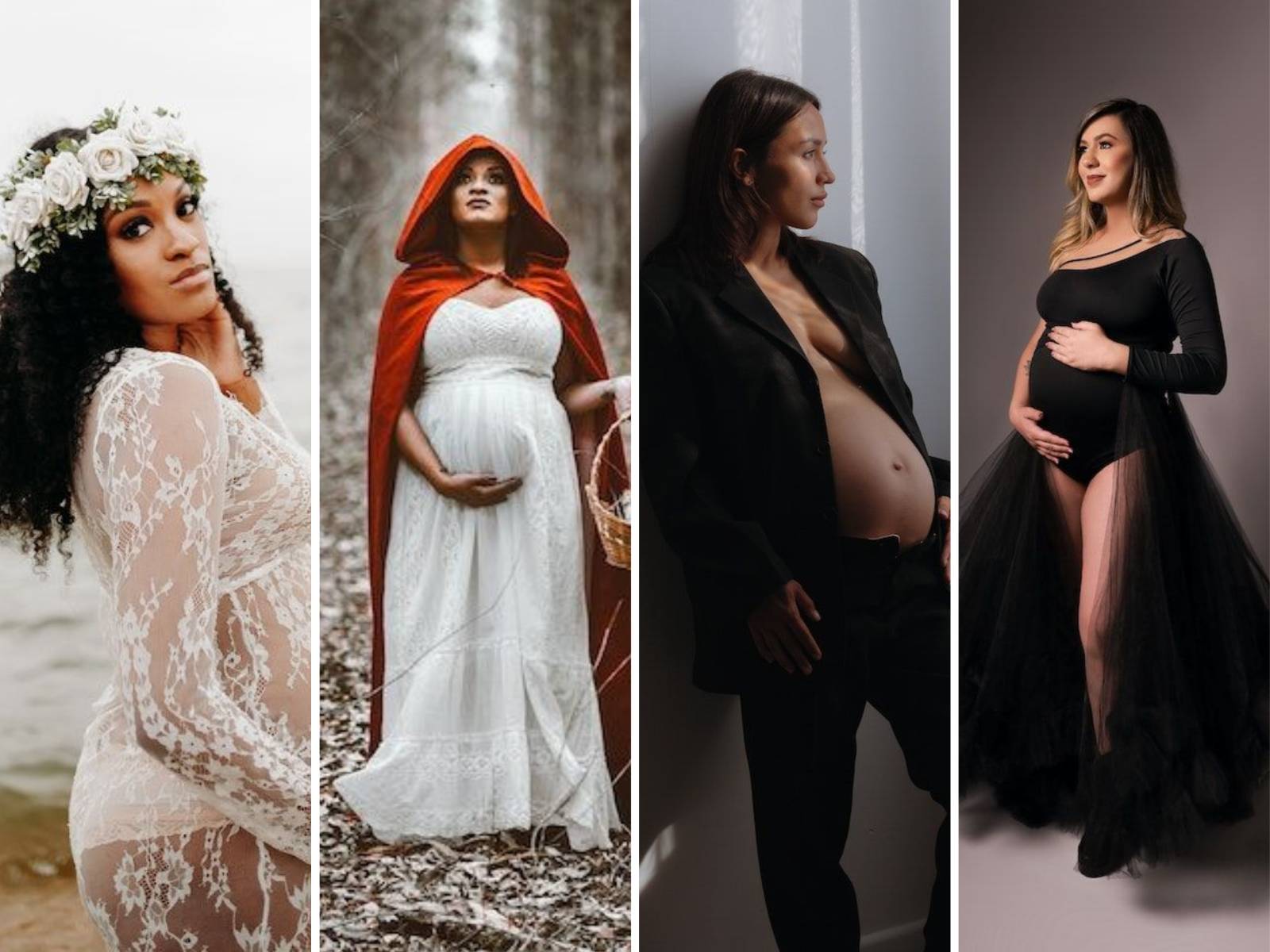 Four pregnant women dressed in different outfits 1