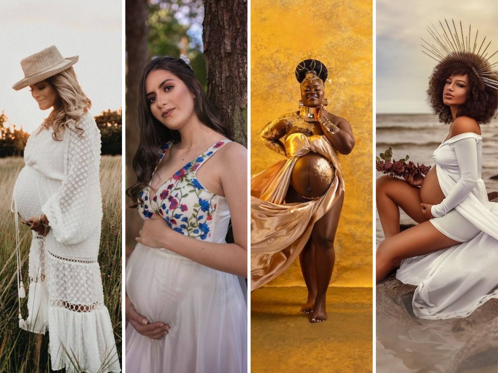 Four pregnant women dressed in different outfits 2