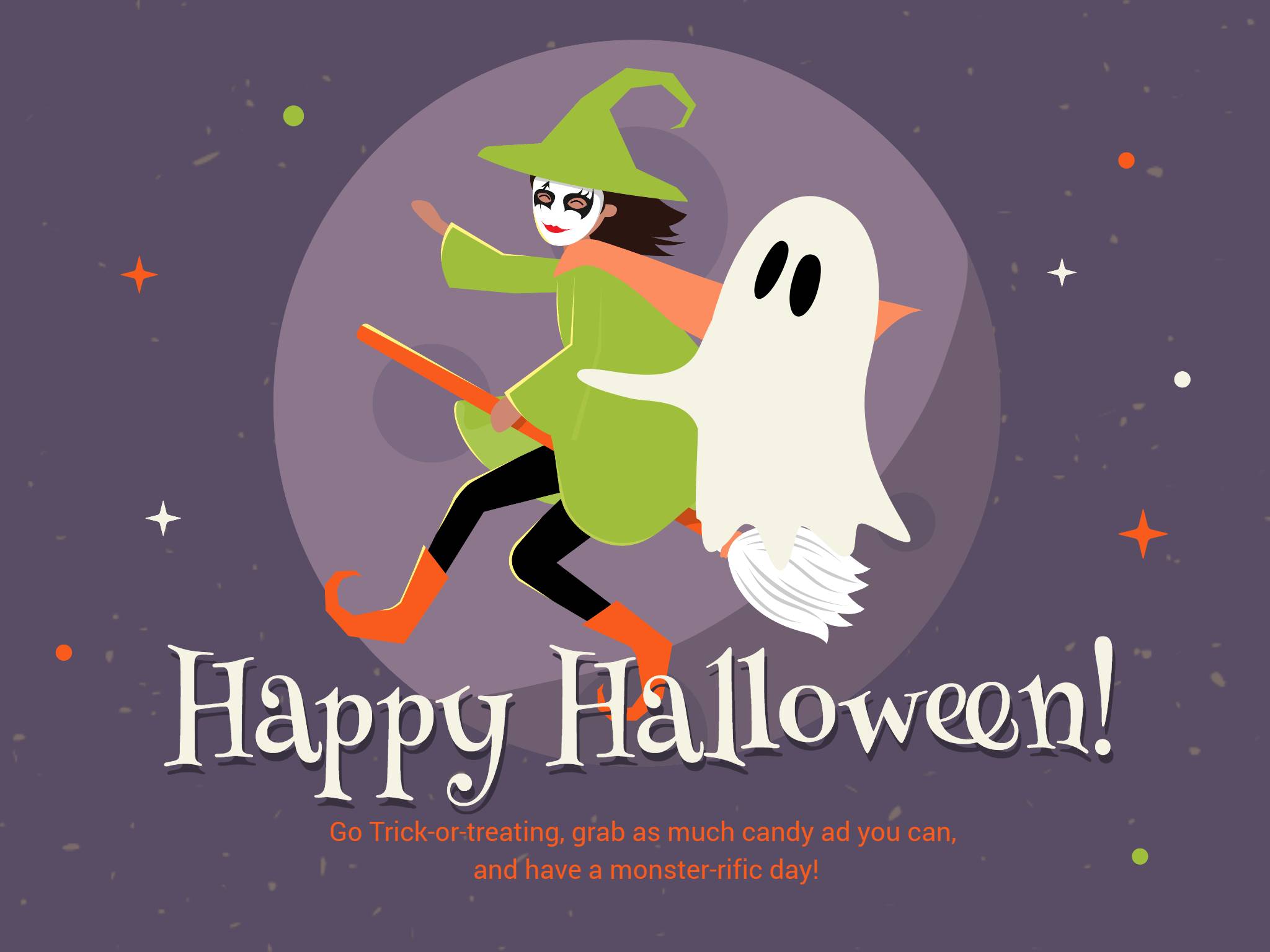 grey happy halloween card with a witch and ghost