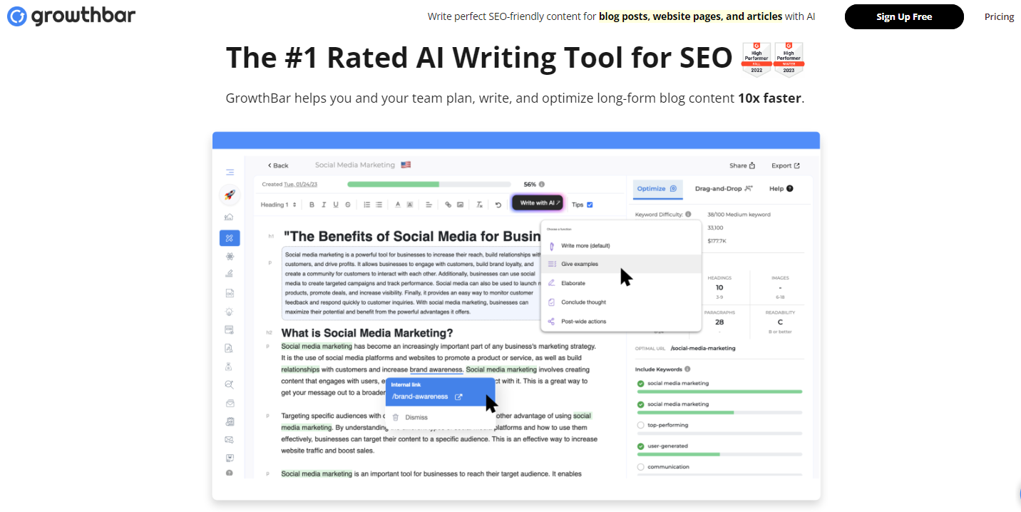 GrowthBar SEO writing tool homepage