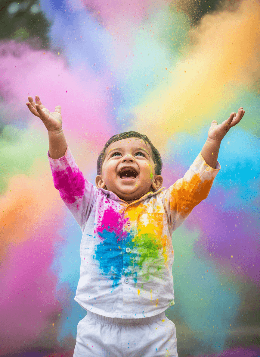 Happy Indian baby in Holi in colorful powder rain