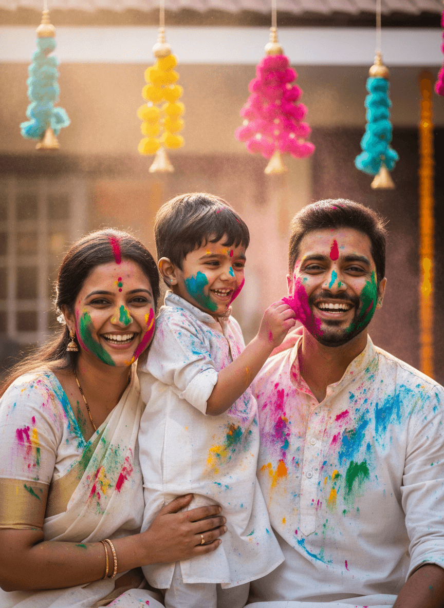 Happy Indian family celebrating Holi together generated with Fotor AI