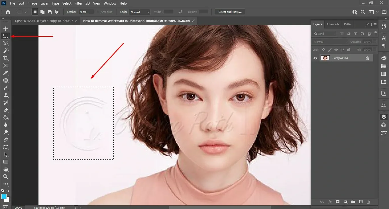 how to remove watermark with the rectangular marquee tool in photoshop