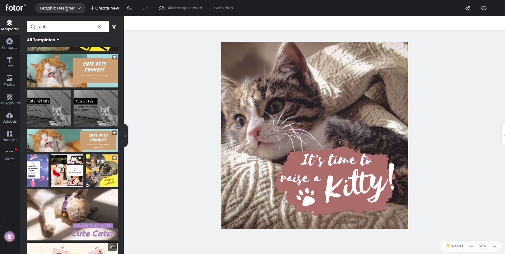 design a photo with Fotor's online free editor, a cat and a sticker with a text