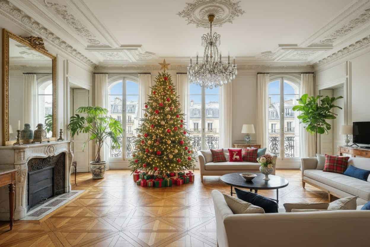Image décorée avec un sapin de Noël et des coussins de Noël