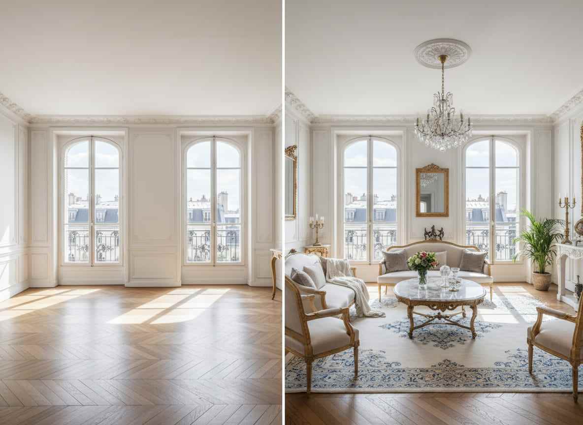 Image de comparaison avant et après la décoration d'intérieur IA de Fotor pour un achat plus efficace pendant le Black Friday