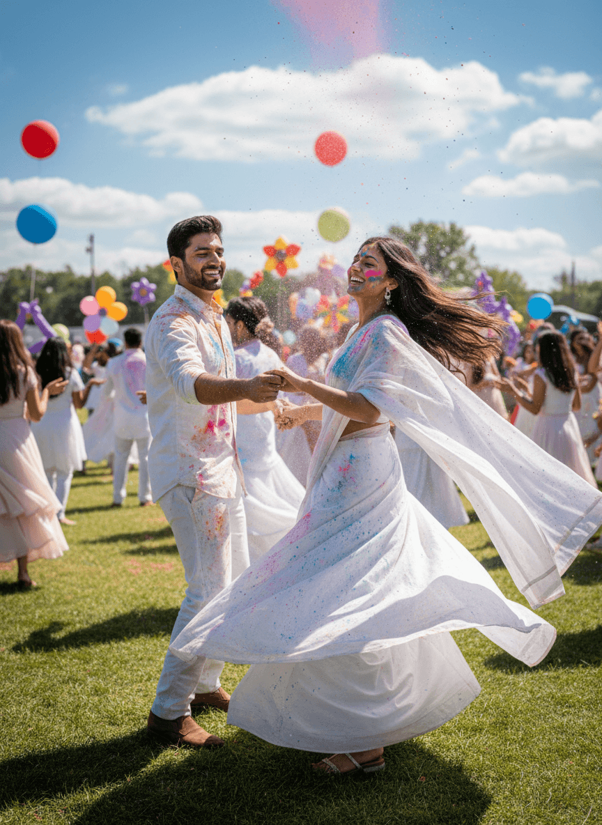 Indian couple dancing in Holi powder rain at garden party generated with Fotor AI