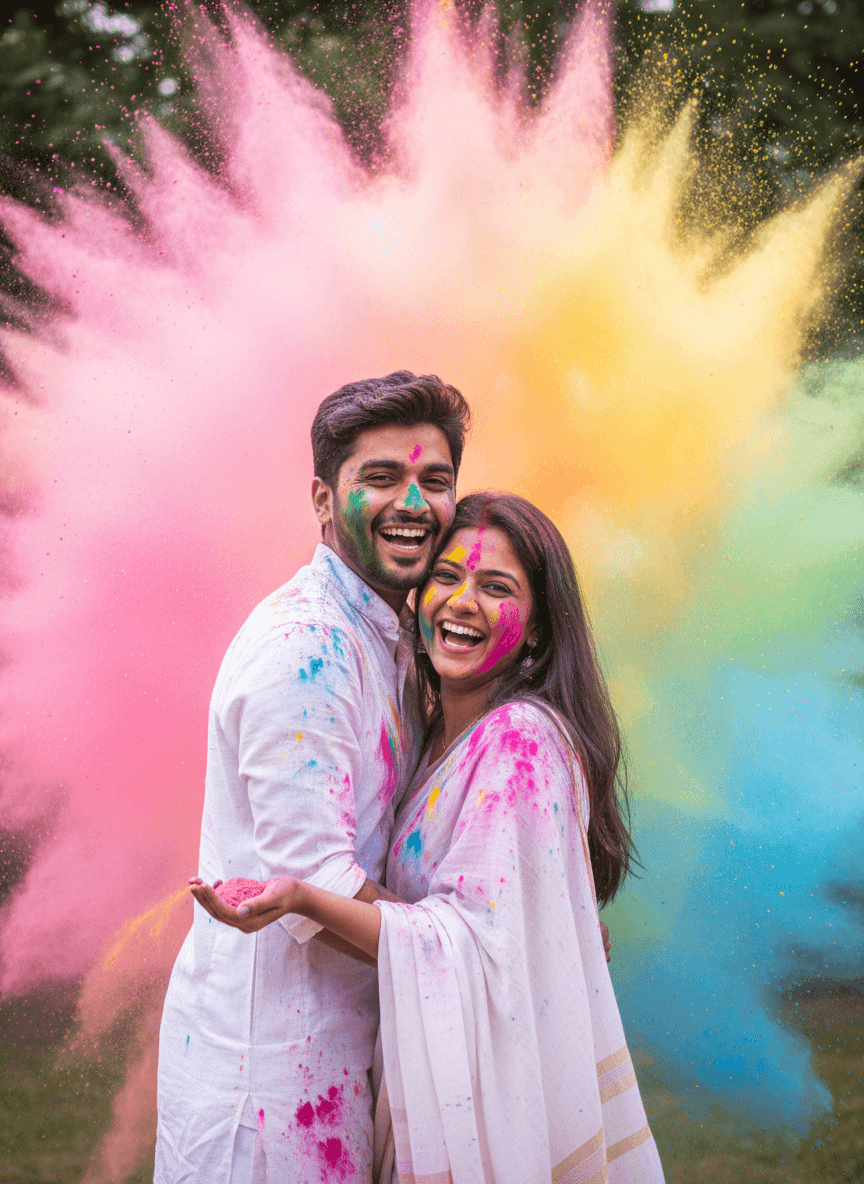 Indian couple in Holi powder explosion hug generated with Fotor AI
