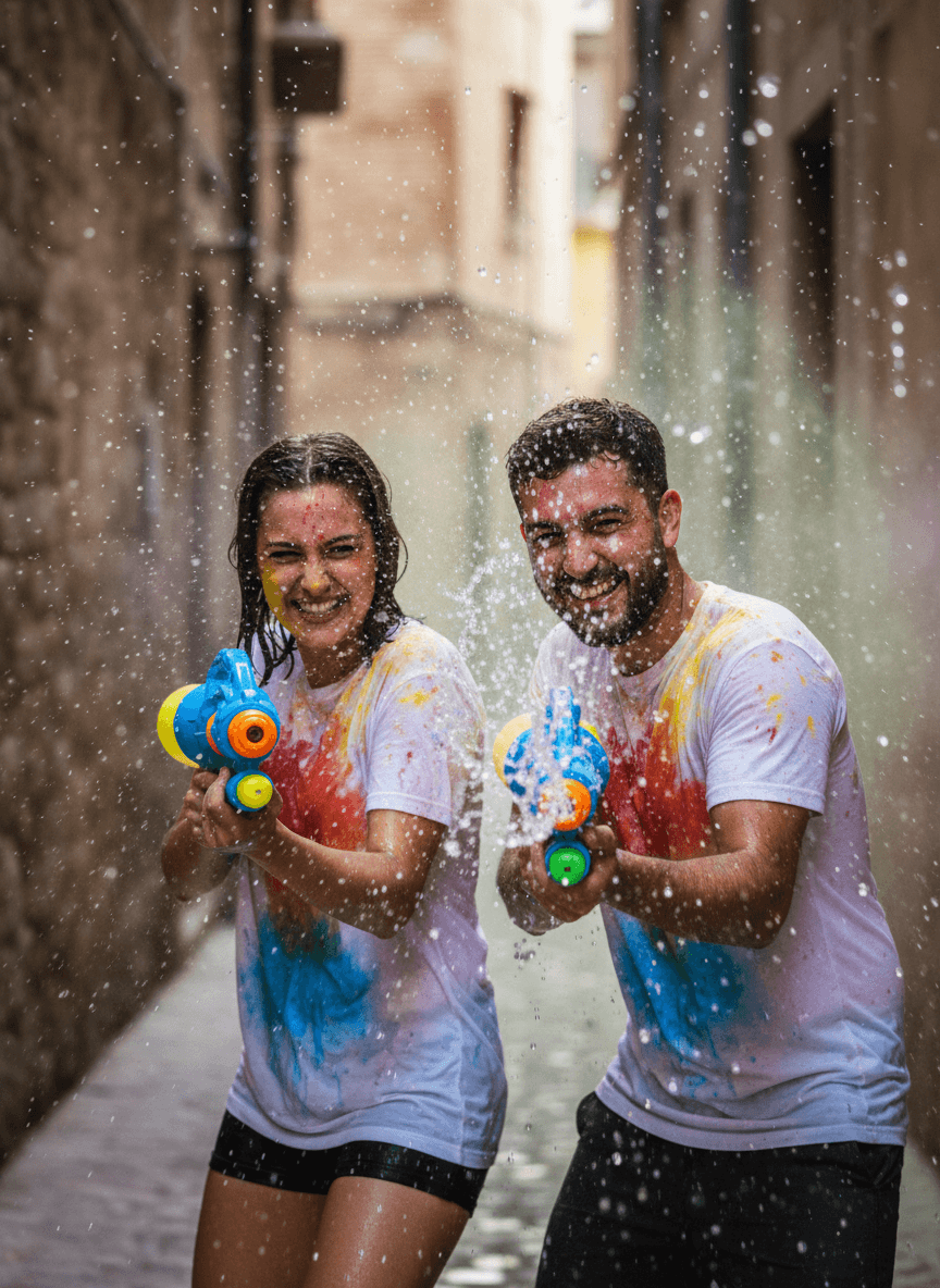 Indian couple in Holi water gun battle generated with Fotor AI