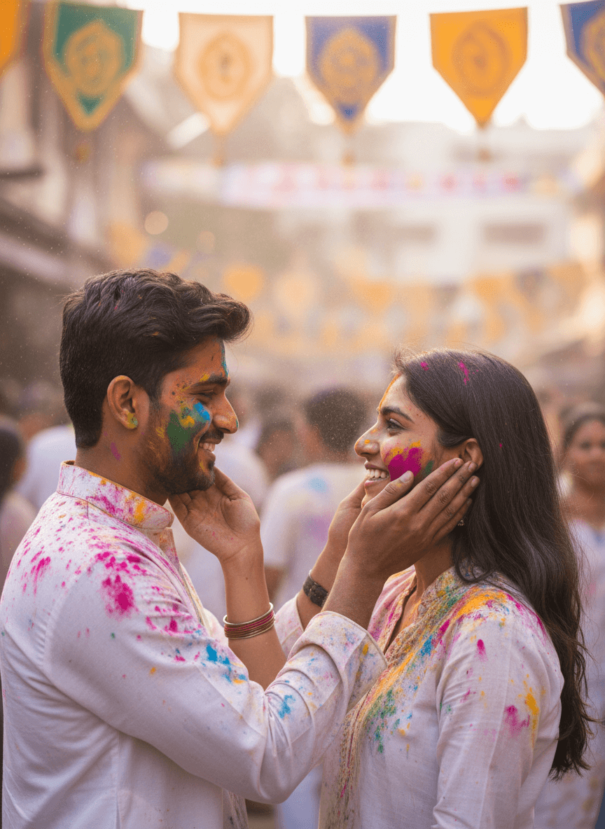 Indian couple smearing Holi colors on faces generated with Fotor AI image generator