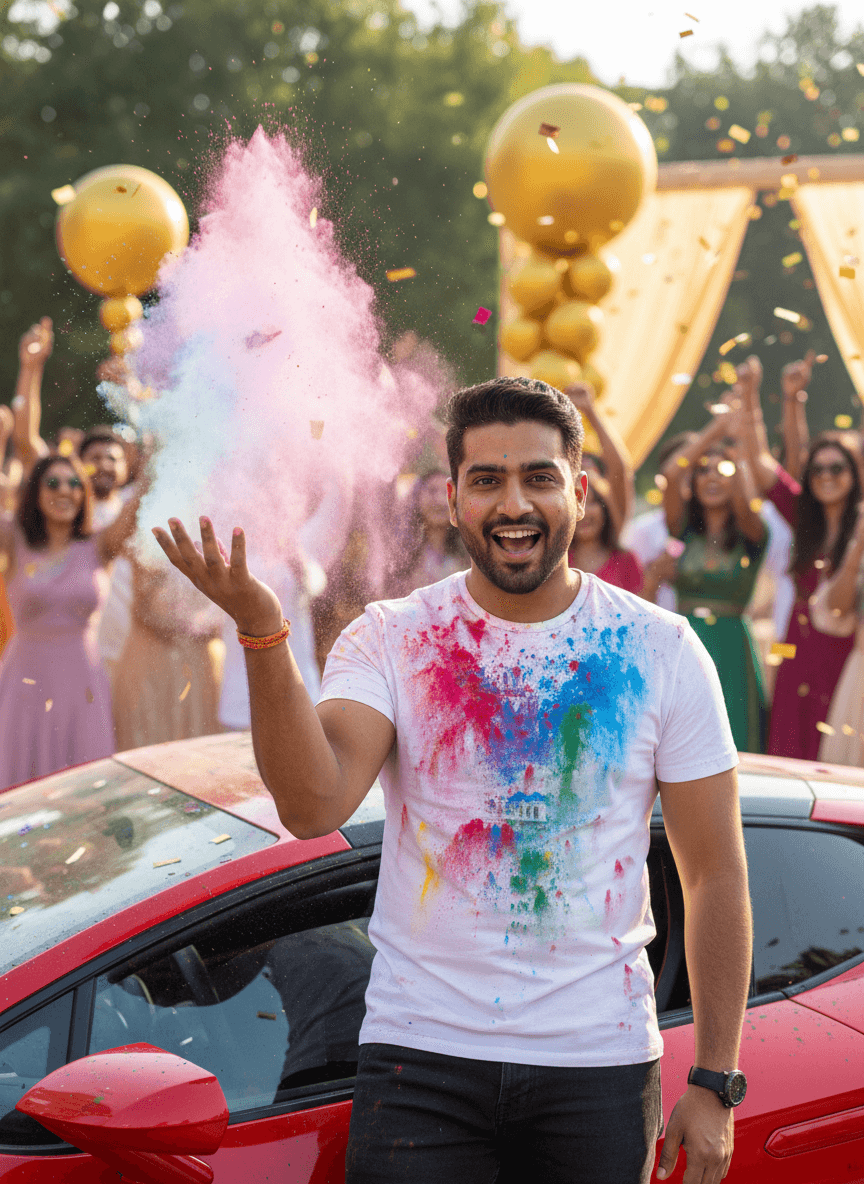 Indian man celebrating Holi with luxury car generated with Fotor AI