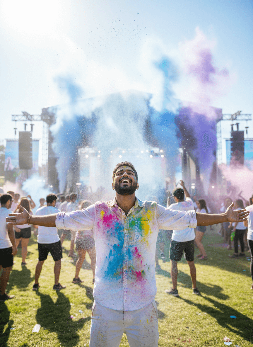 Indian man enjoying Holi rain at garden party generated with Fotor AI