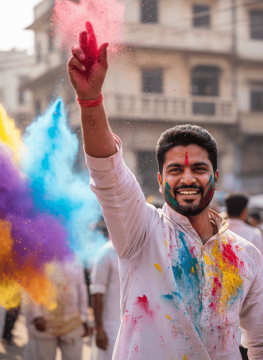 Indian man throwing Holi color powder in bazaar generated with Fotor AI