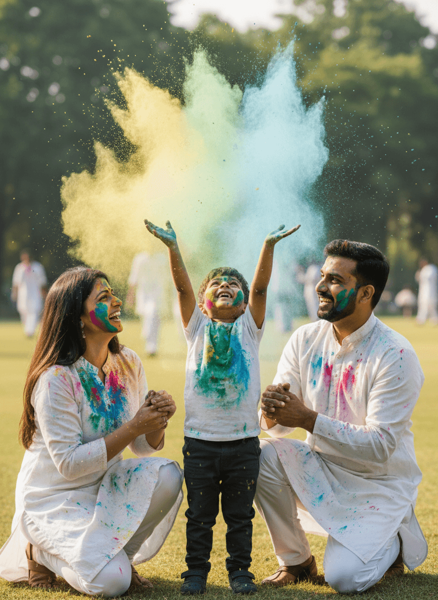 Indian parents and child playing with Holi colors generated with Fotor AI