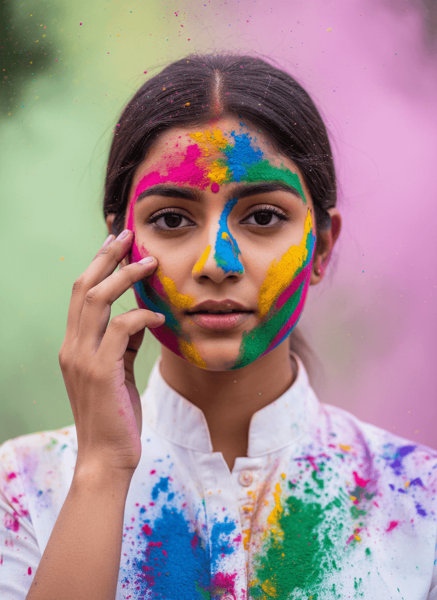 Indian woman applying Holi colors with fingertips portrait generated with Fotor AI