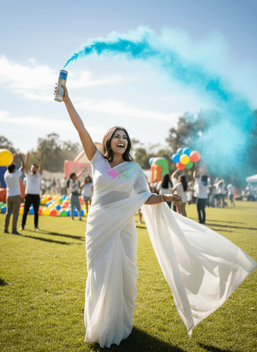 Indian woman at sunny Holi garden party with blue powder generated with Fotor AI