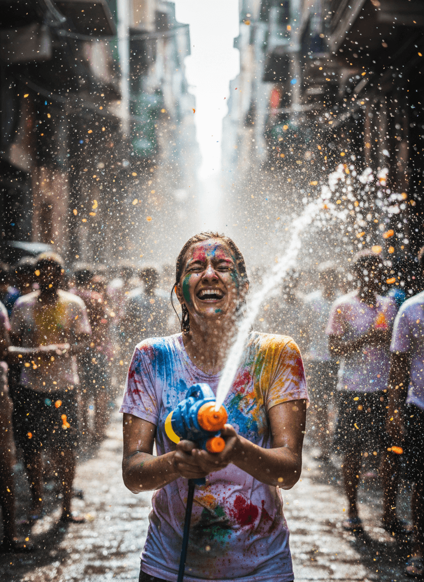 Indian woman playing Holi with water gun in crowded street generated with Fotor AI