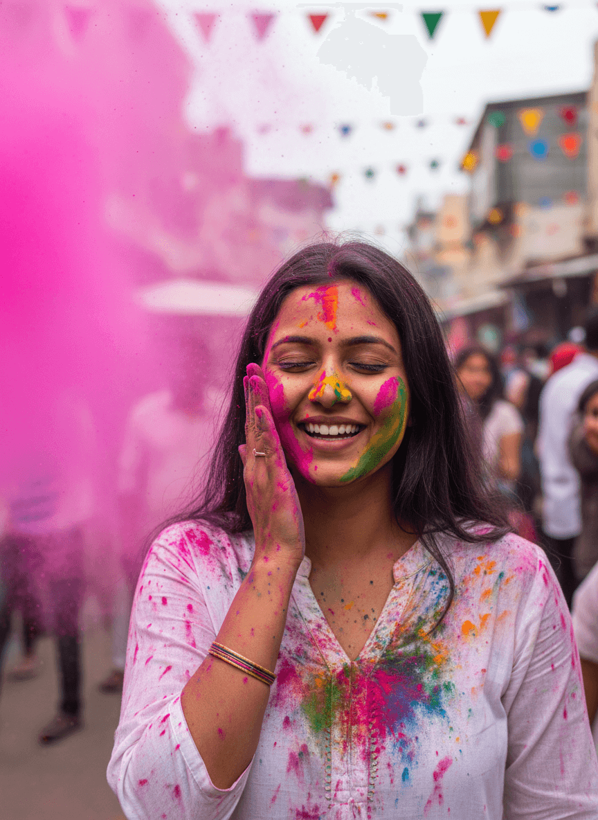 Indian woman smearing Holi color on face in market generated with Fotor Holi photo AI