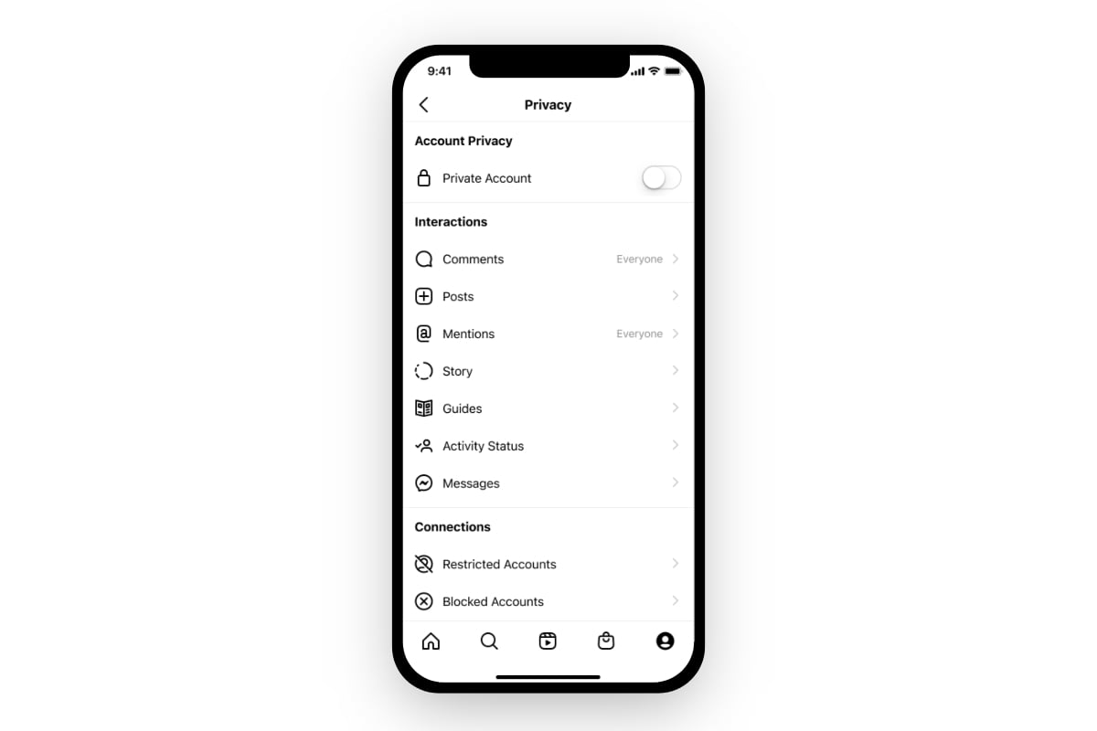 Instagram privacy settings interface screenshot
