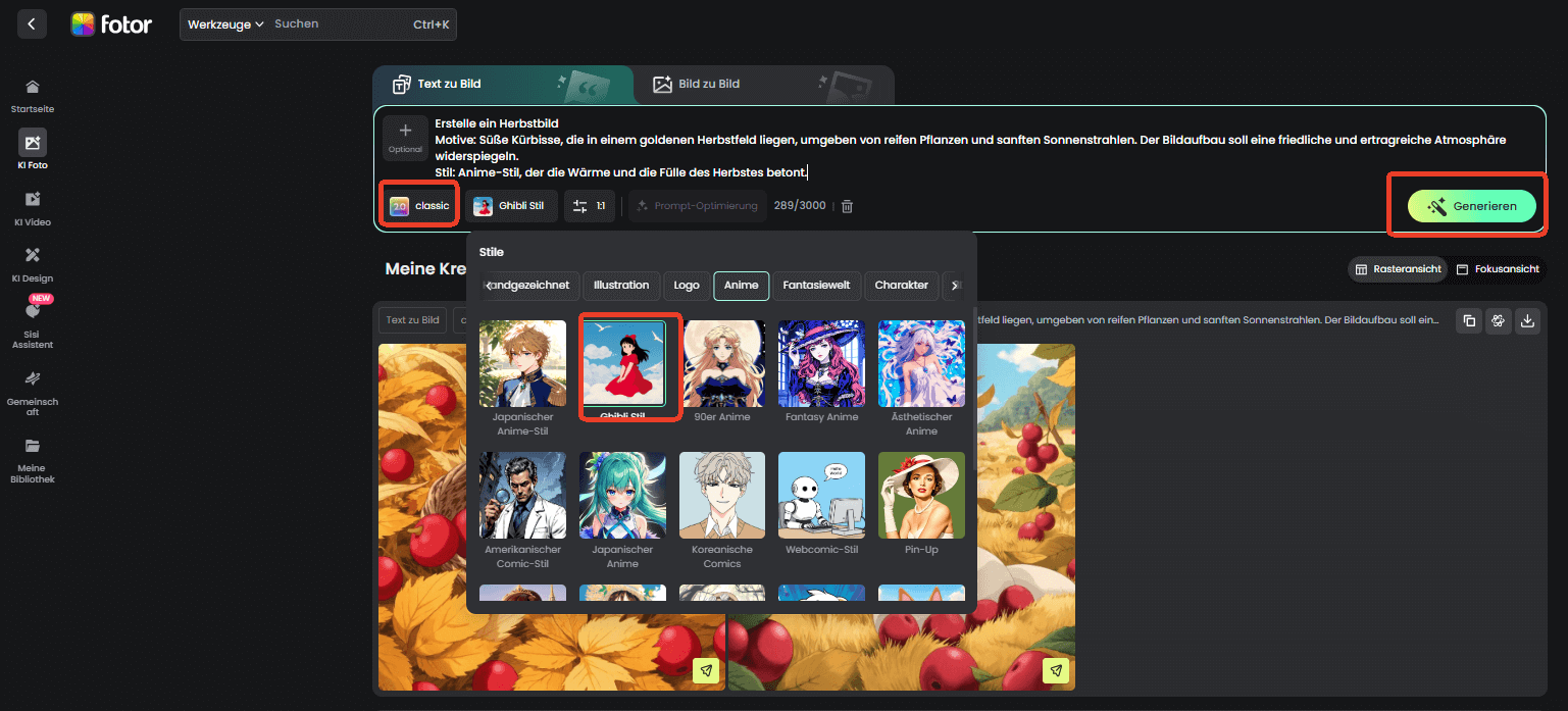KI Bildgenerator von Foto öffnen und Text eingeben sowie den Stil auswählen