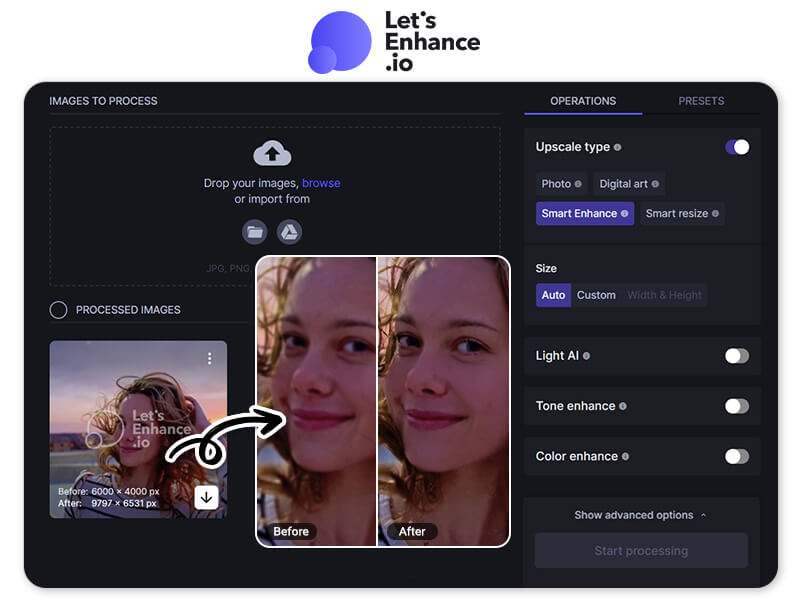 Let's enhance ai photo editor interface screenshot