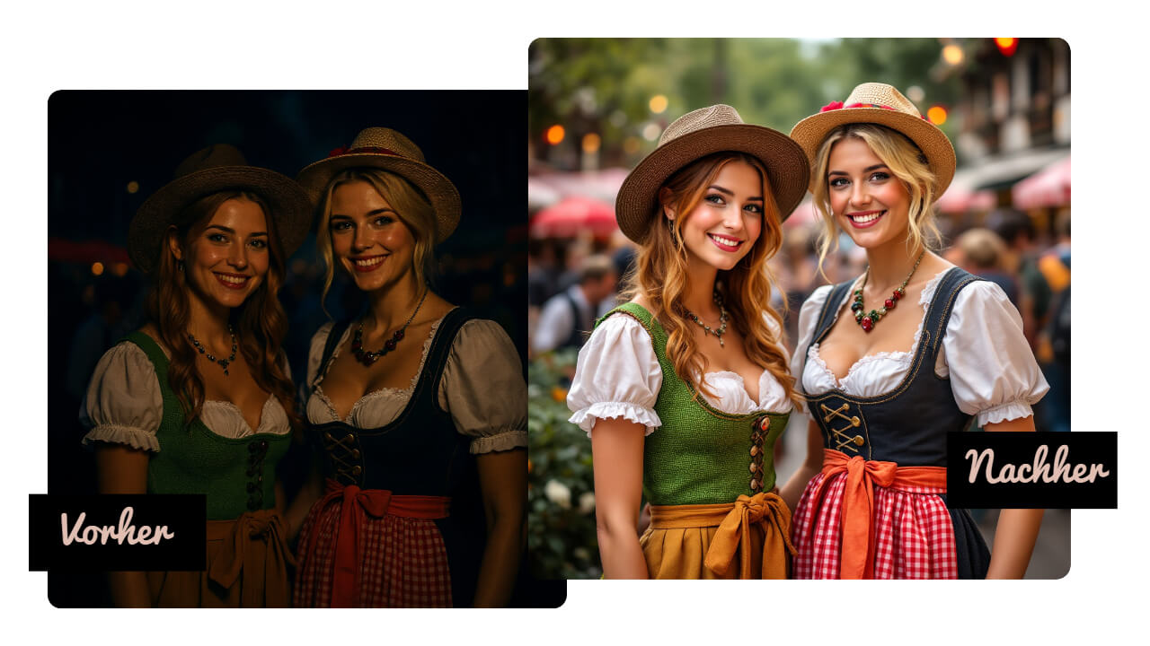 Vorher nachher Vergleich bei der Beleuchtung im Foto vom Oktoberfest