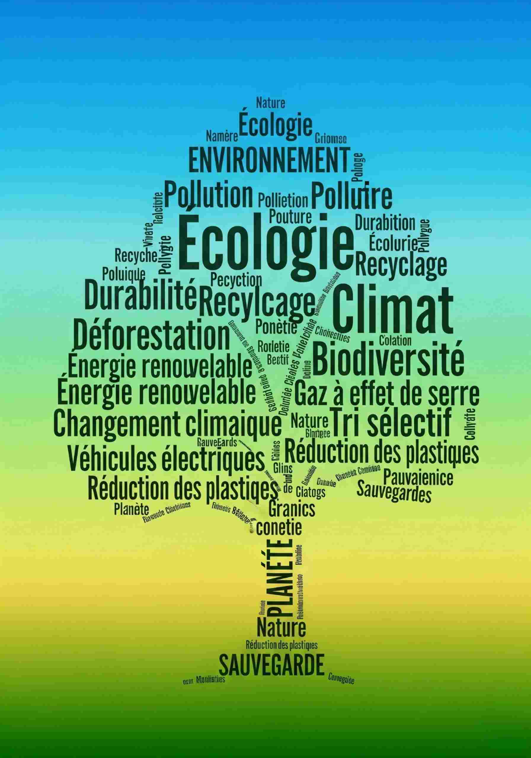 Nuage de mots en forme d'arbre sur le thème de protection de l'environnement généré par le modèle Nano Banana