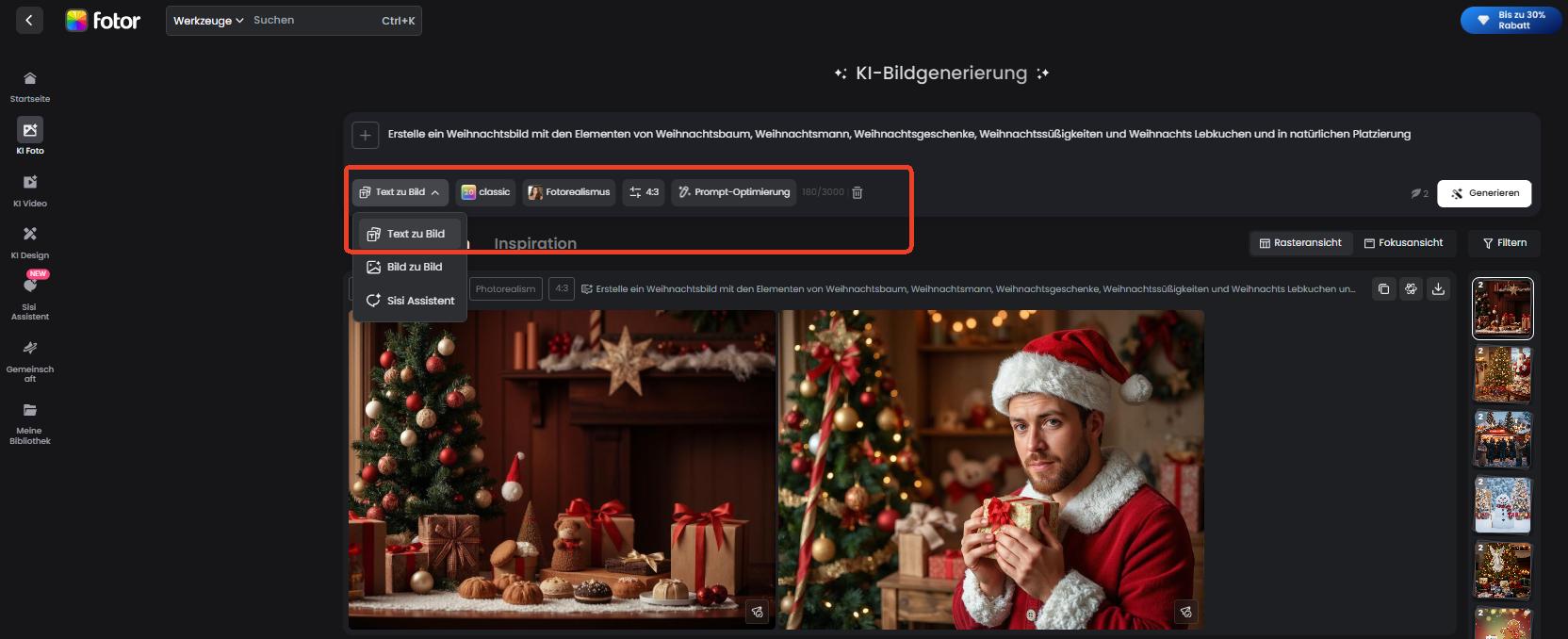 Nutzeroberfläche von Text zu Bild Modus in KI-Bildgenerator von Fotor