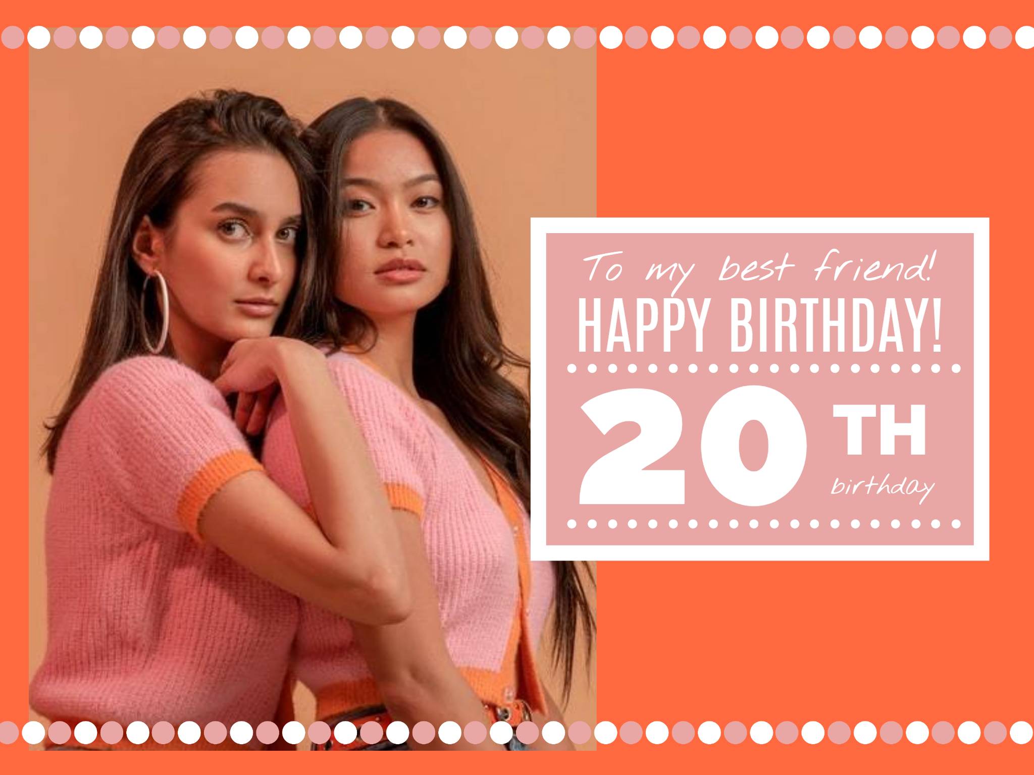 orange birthday card template with two girls