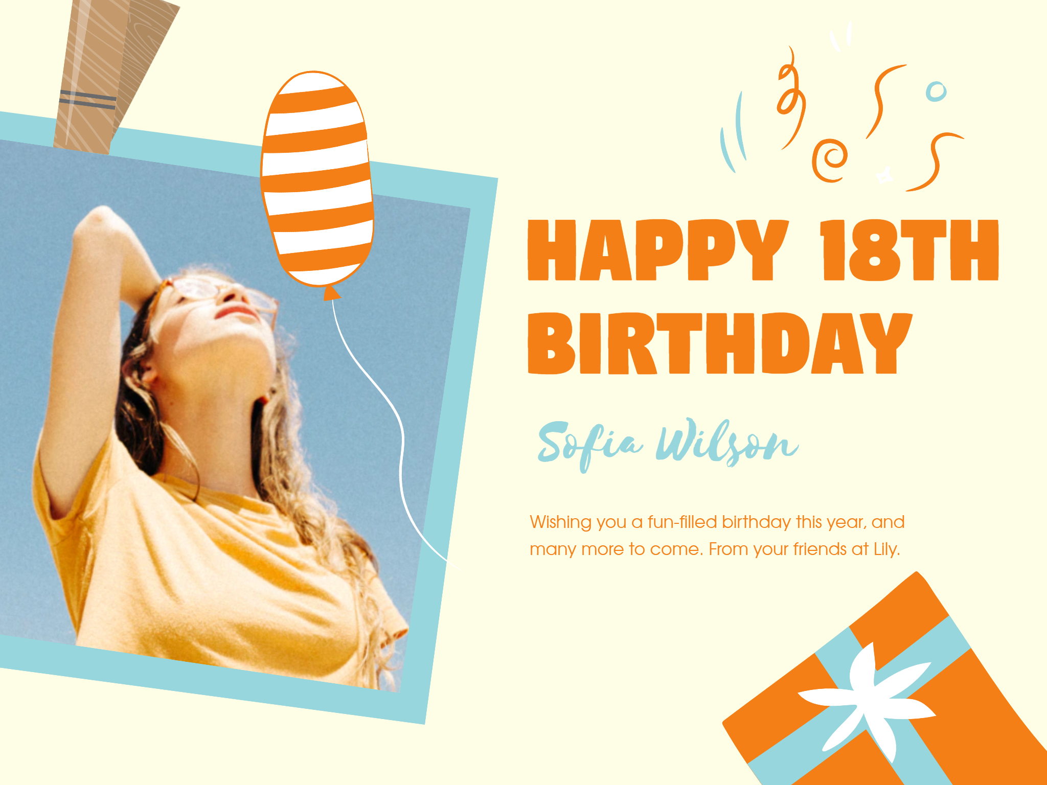 an orange birthday card of a young girl turning 18