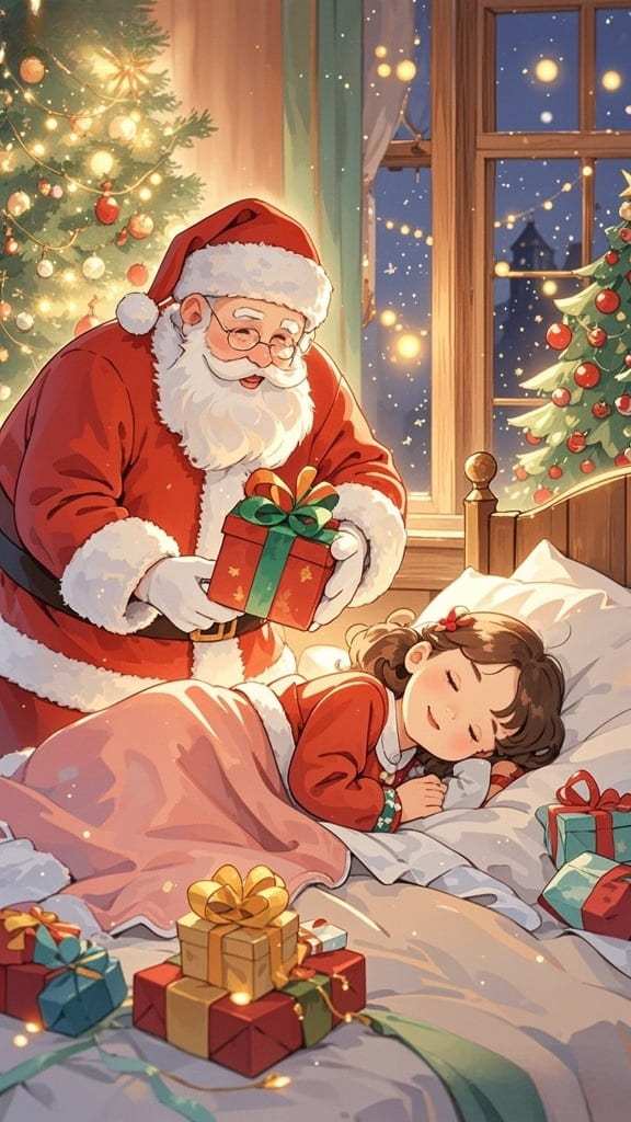 Père Noël mettant le cadeau sous l'oreiller
