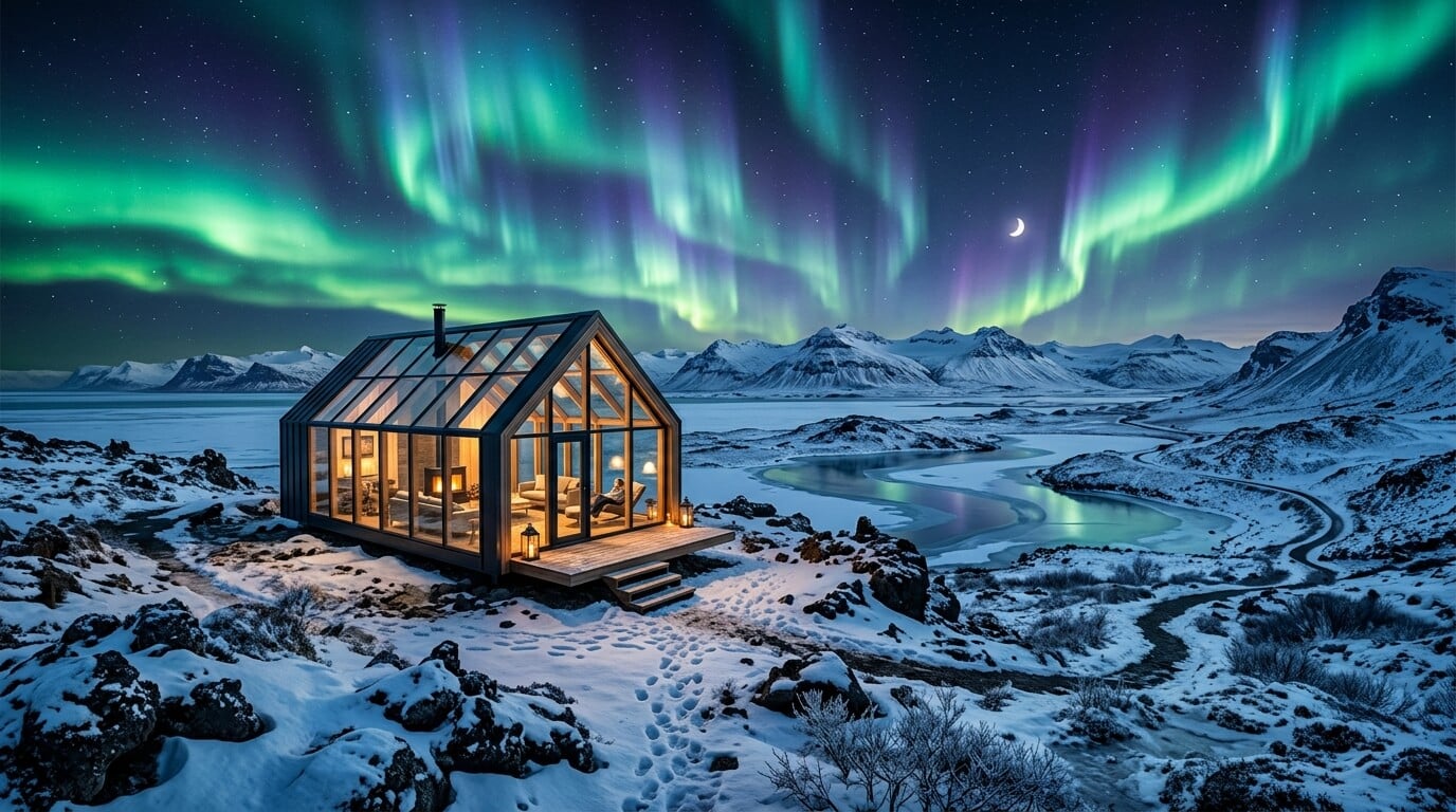 Panoramic view of a glass cabin in Icelandic landscape generated with nano banana 2