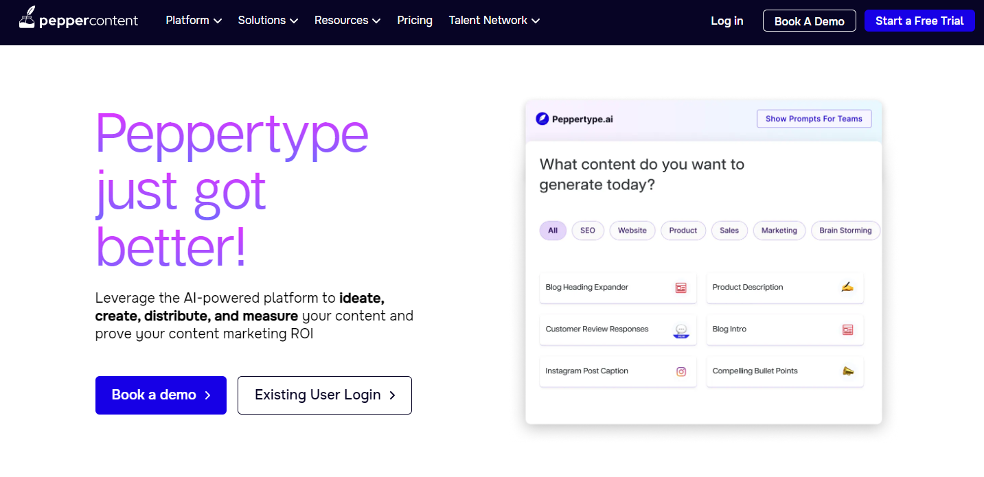 Peppertype.ai writing tool homepage