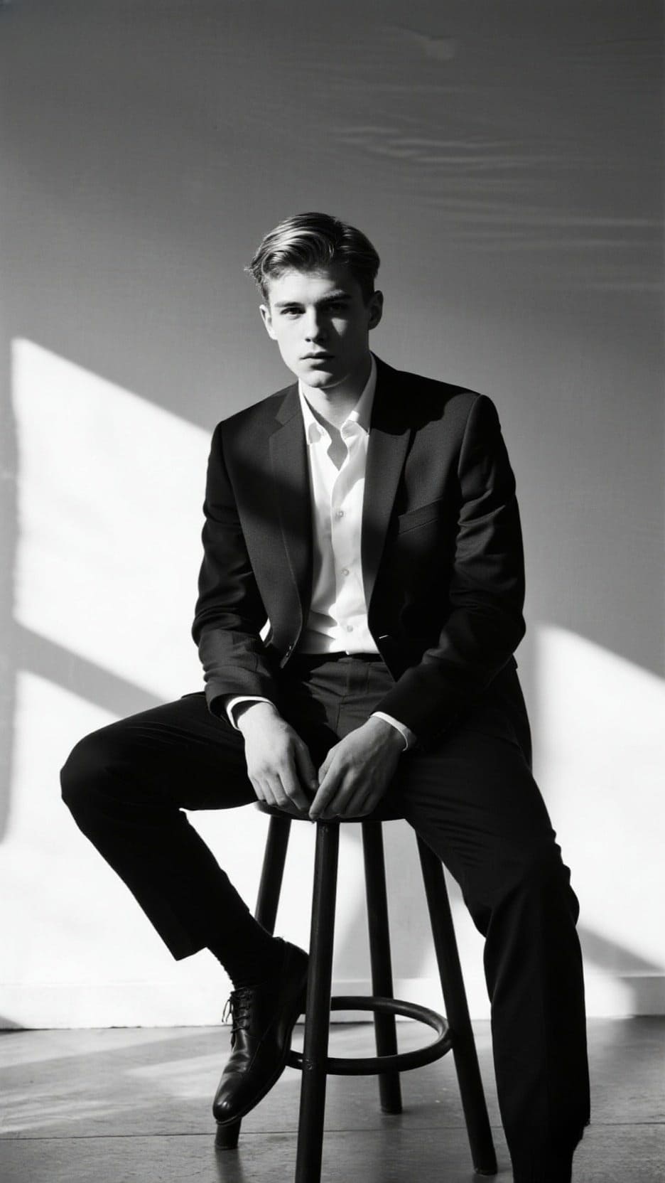 Photo professionnelle artistique noir et blanc d'une homme en costume noir
