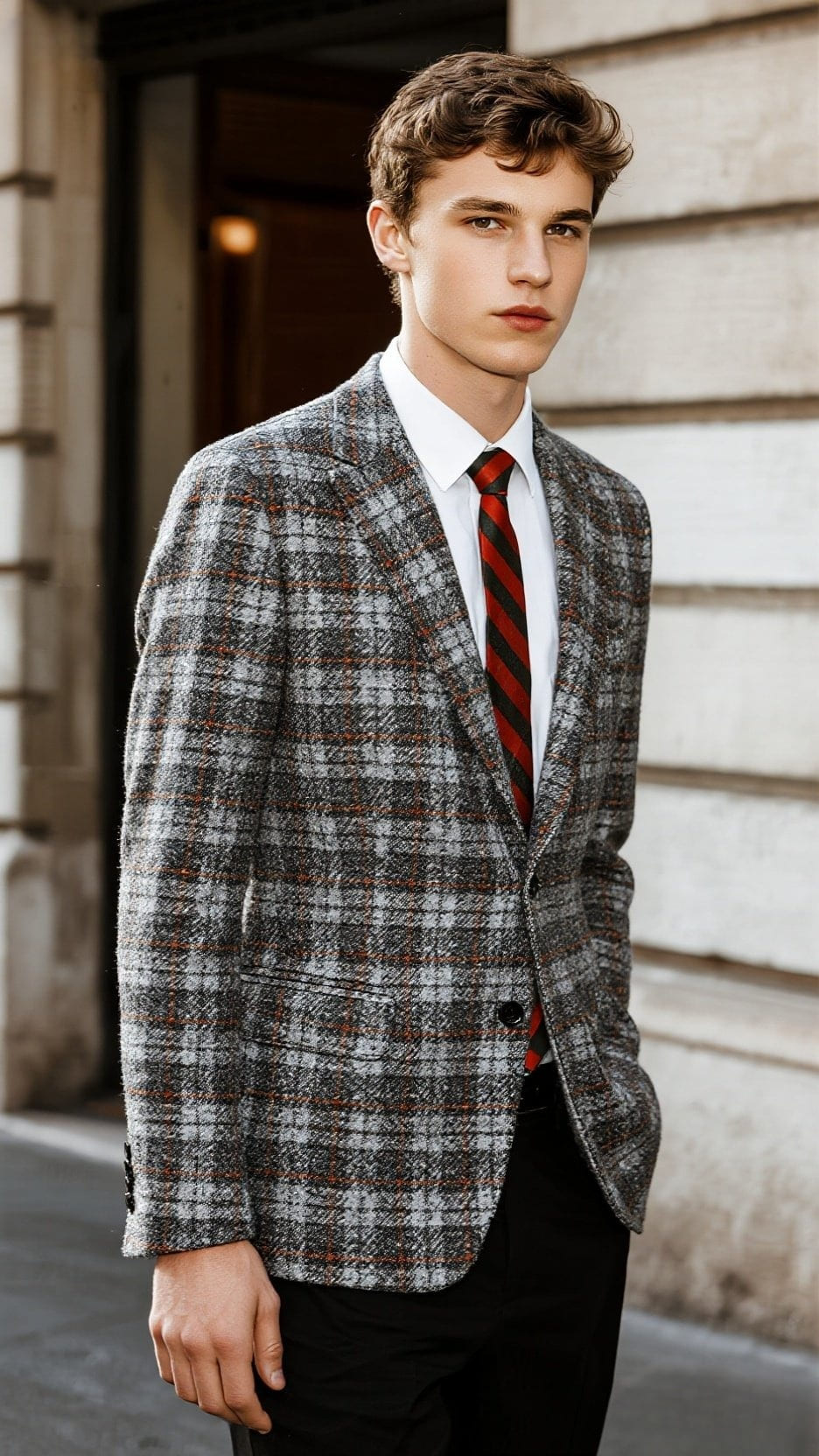 Photo professionnelle d'un mannequin avec des cheveux bouclés qui est dans la rue