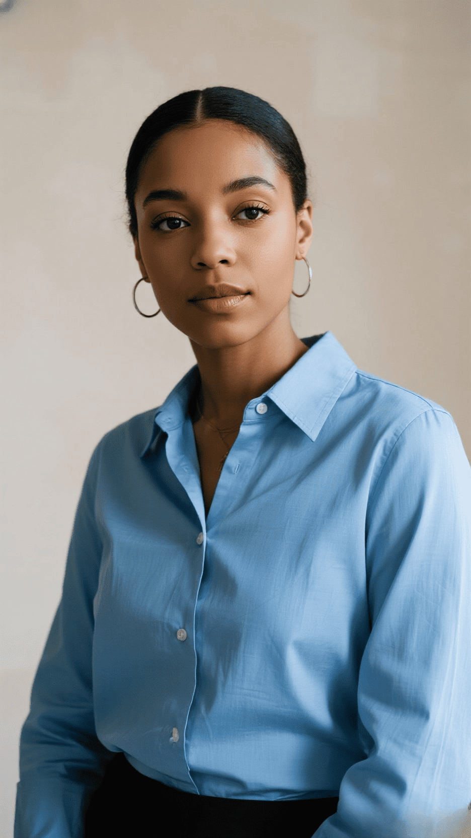Photo professionnelle d'une femme portant une chemise bleue