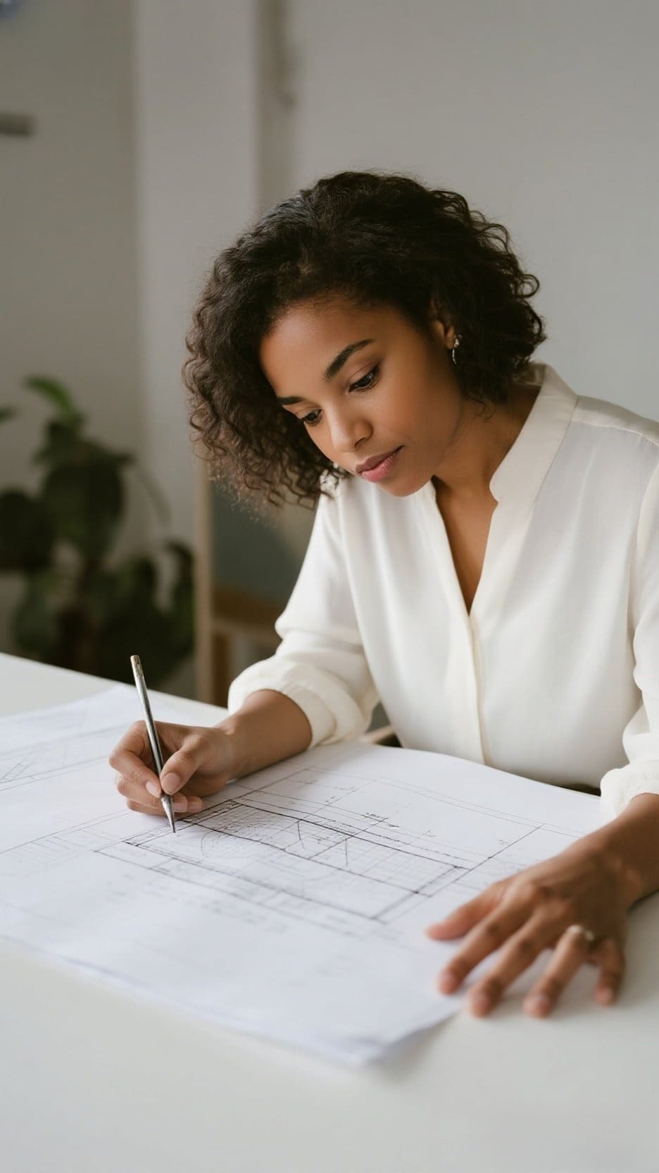 Photo professionnelle d'une femme qui est en train de dessiner un plan de construction