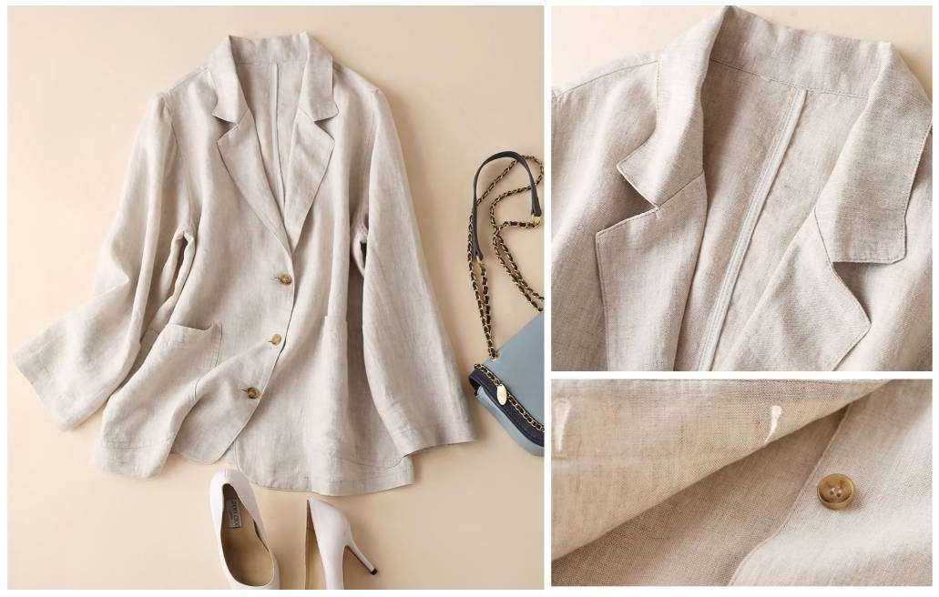 Photos of a flat lay beige linen blazer with close-up details