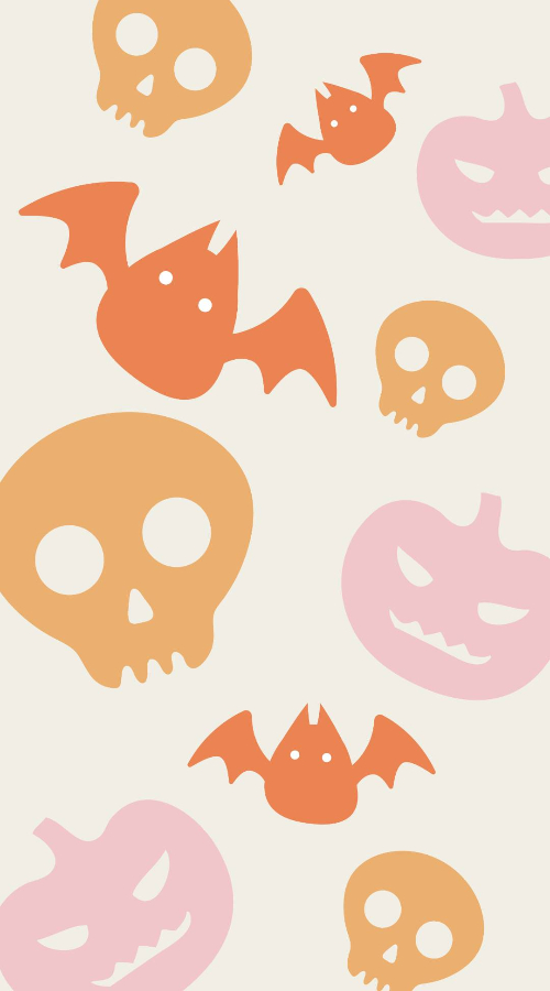 There are many skulls, pumpkins, and bats on this wallpaper