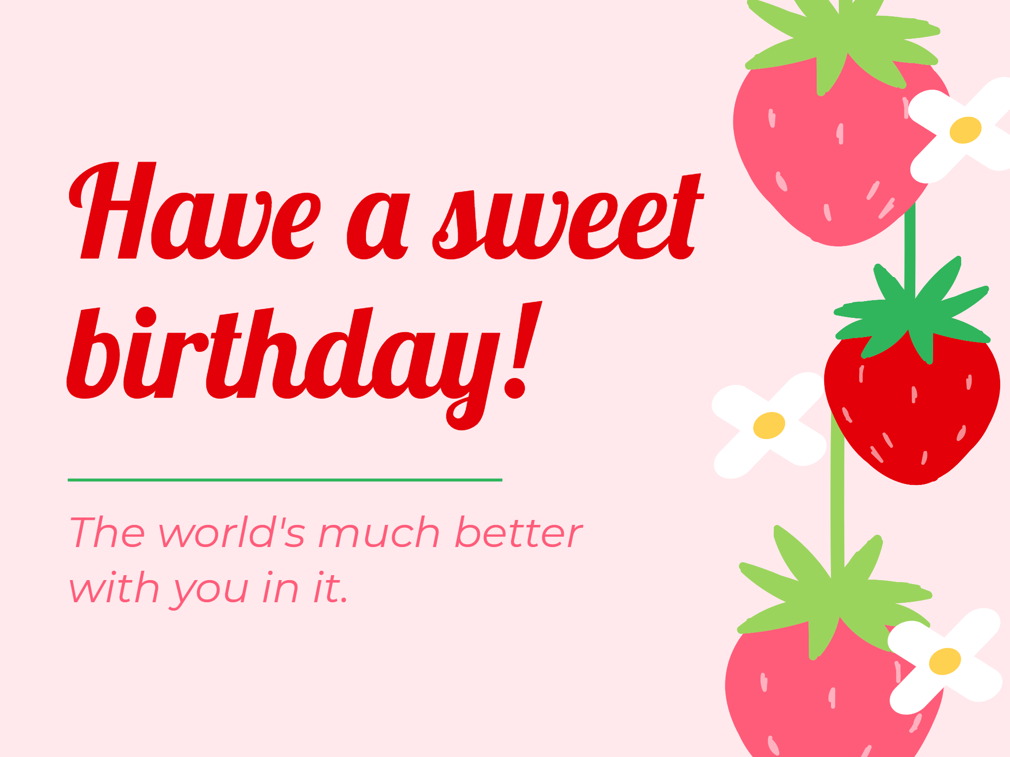 a cute pink birthday card with strawberries and flowers
