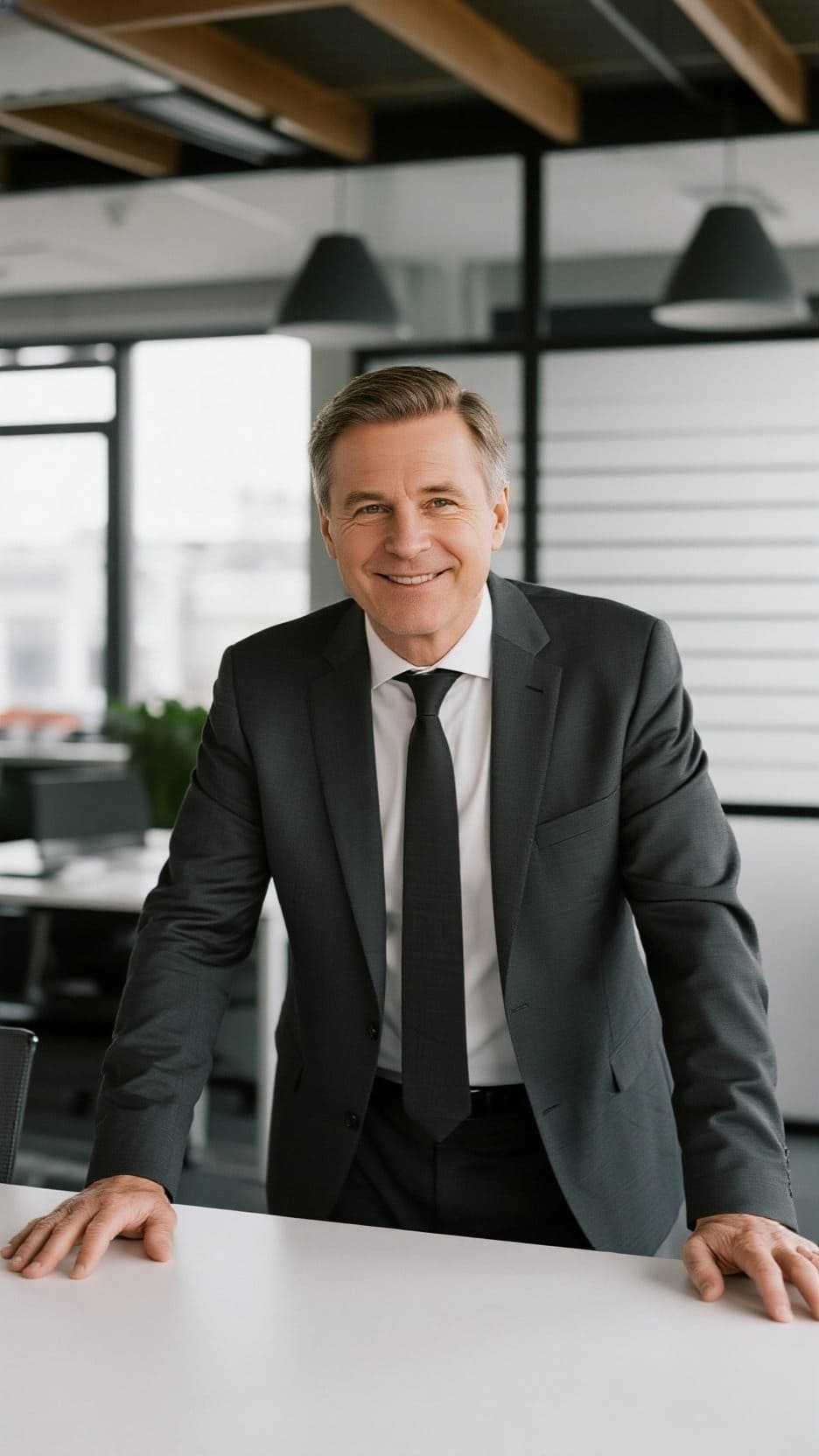 Portrait professionnel d'un homme avec une pose en s'appuyant sur la table