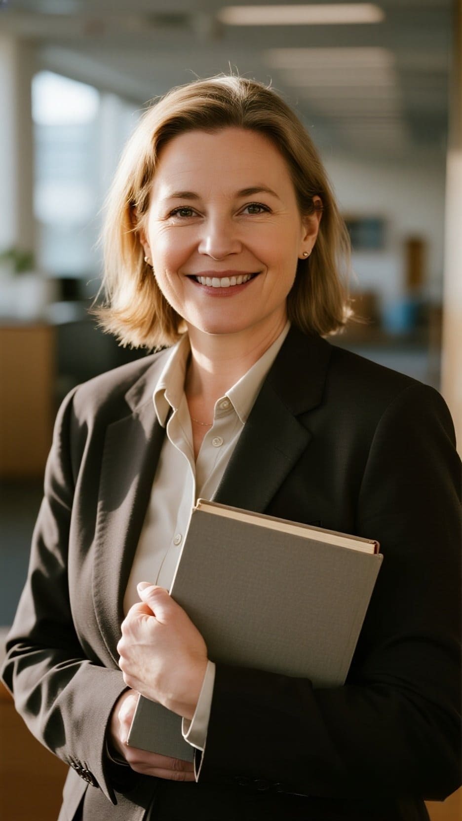 Portrait professionnel d'une femme avec un livre dans ses bras