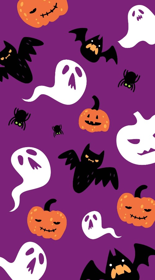 purple background, there are many ghosts, bats, and spiders, pumpkins on this wallpaper