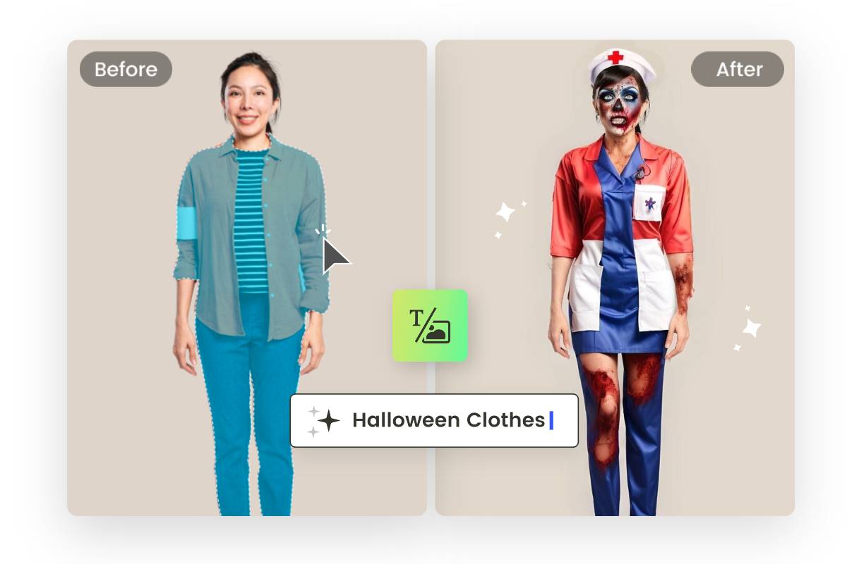 Replace a woman's cloth with Halloween zombie costume with Fotor's Halloween costume generator